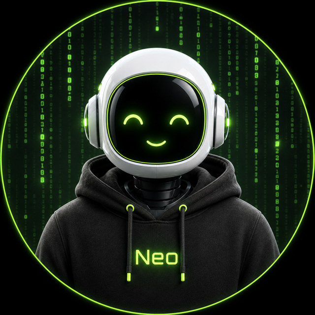 Neo — a friendly robot in a black hoodie, green Matrix code raining behind it